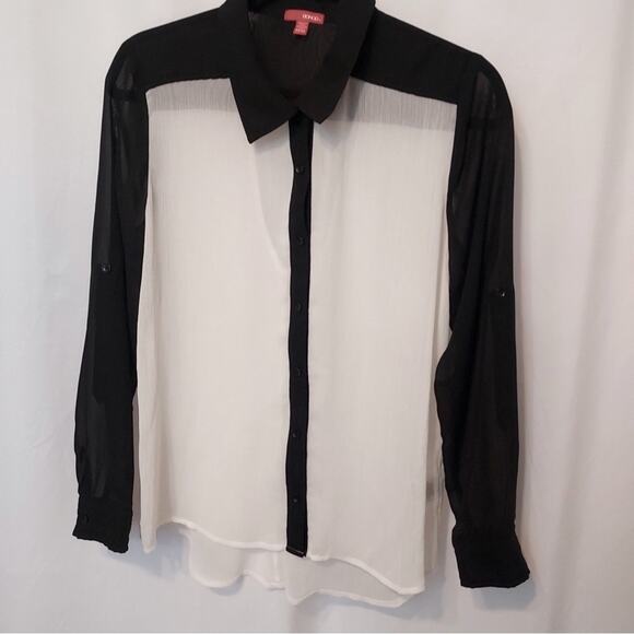 Bongo Sheer Black White Colorblock Long Sleeve Button Up Shirt Blouse Top - Picture 1 of 7